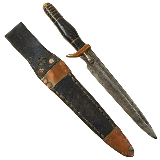 Original U.S. WWII Era “Egonomic Handle” Theater Made Fighting Knife Constructed From Sword With Leather Scabbard Original Items