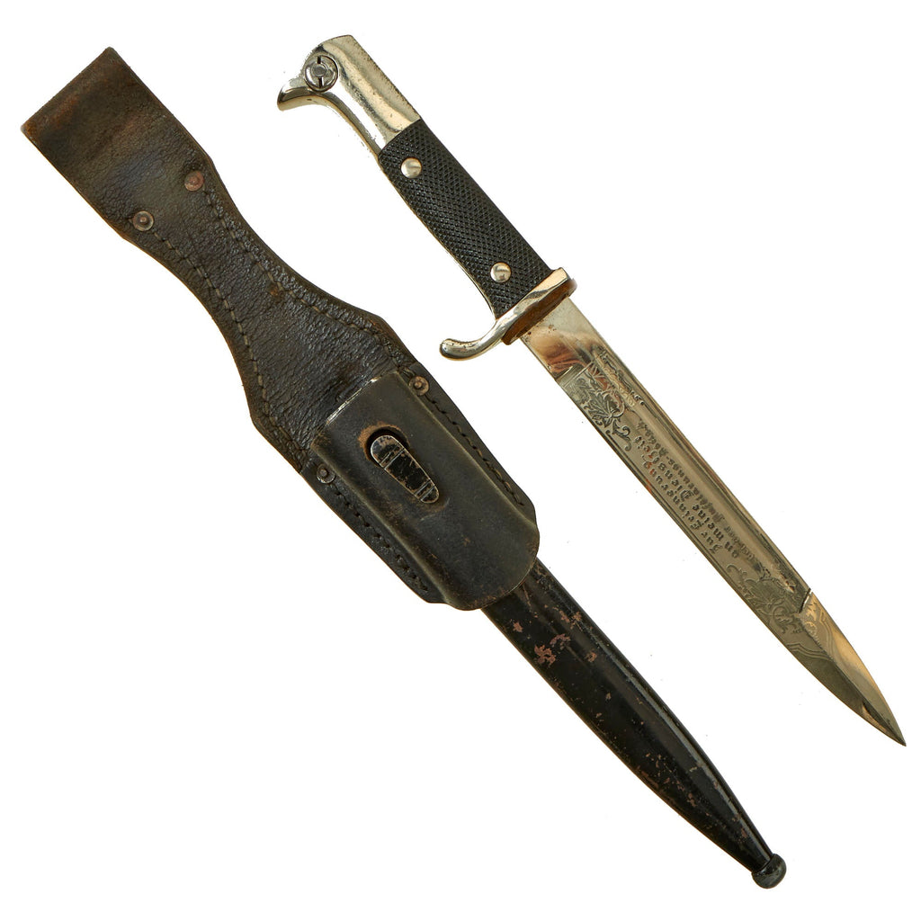 Original German WWII Heer Army Reconnaissance Team 4 Etched Short 98k Dress Bayonet with Scabbard & Leather Frog Original Items