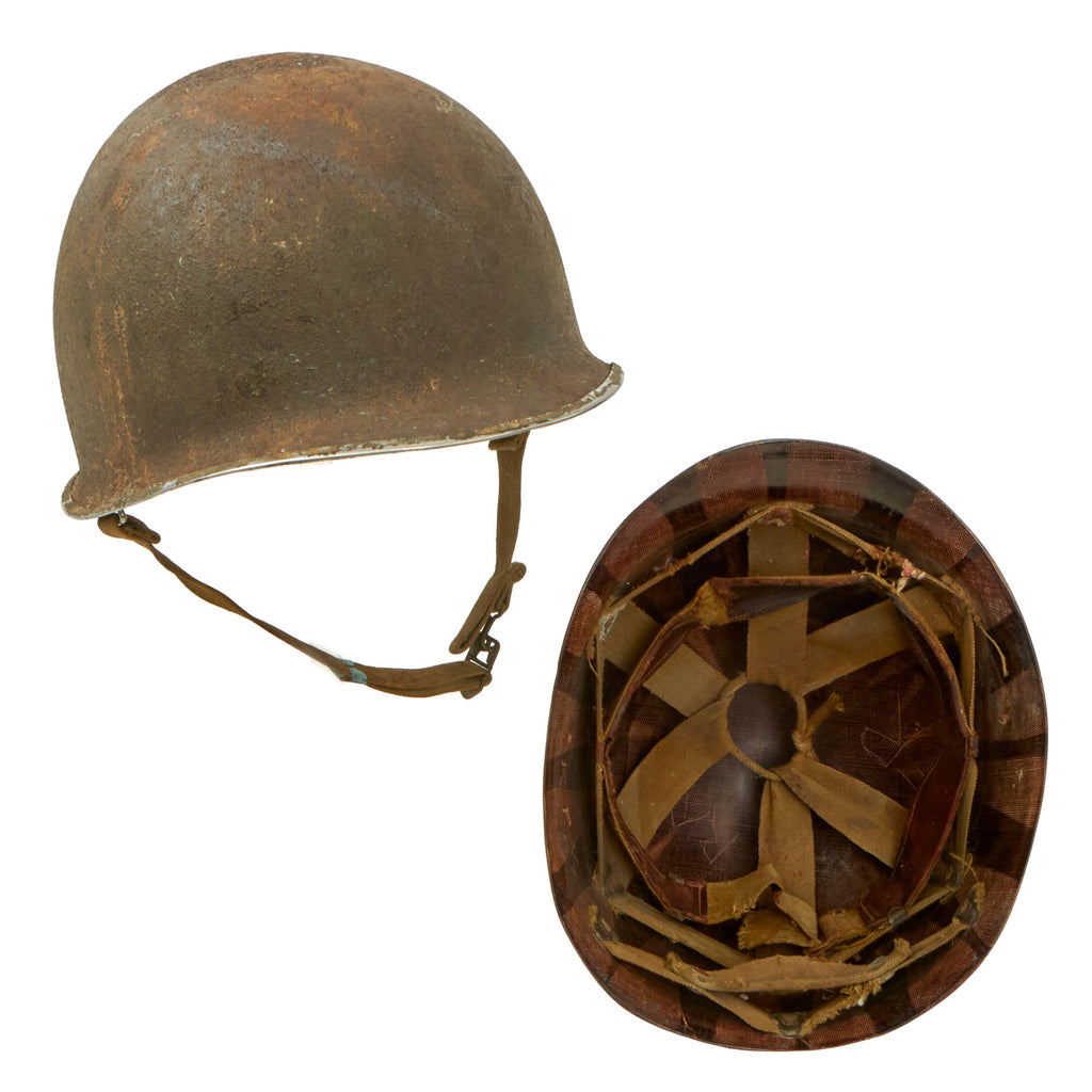 Original U.S. WWII 1943 McCord M1 Front Seam Fixed Bale Helmet with Marine Named Firestone Liner - Roy F. Ricker Original Items