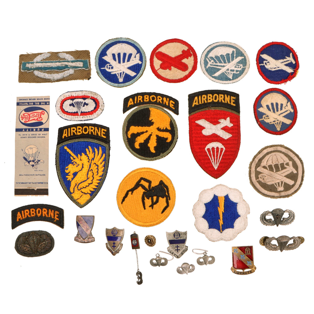 Original U.S. WWII Airborne Patch & Insignia Lot - Sterling Parachute Wings & Sweetheart Pieces - 24 Items Total