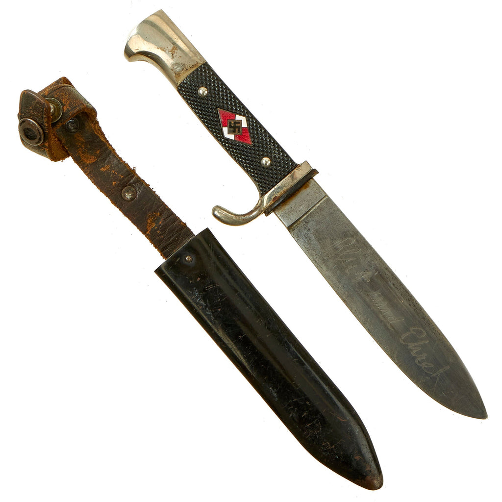 Original German WWII 1938 Dated Transitional HJ Knife with Motto by Rare Maker C.D. Schaaff in Scabbard - RZM M7/56 Original Items