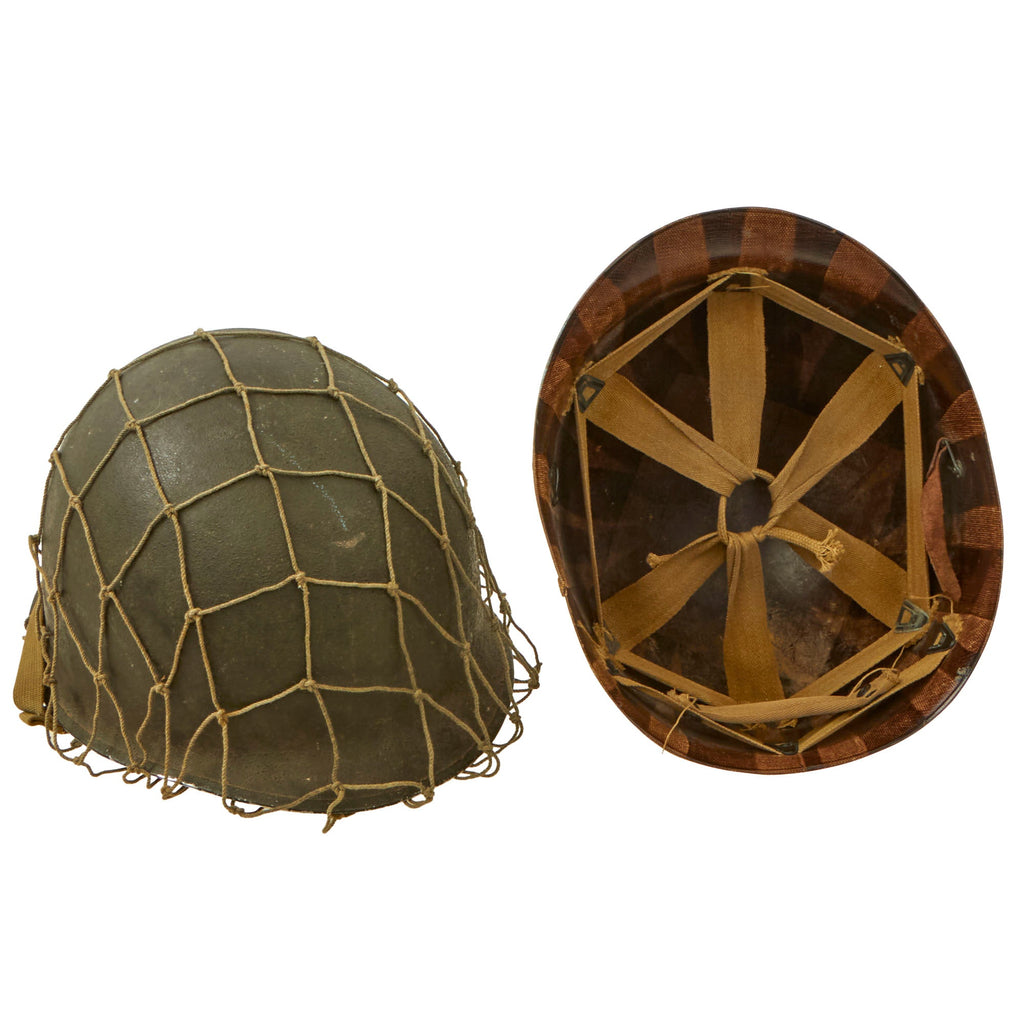 Original U.S. WWII Named M1 Front Seam Fixed Bale Helmet with Westinghouse Liner & Helmet Net Original Items