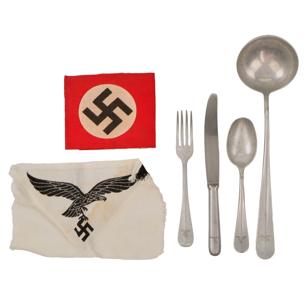 Original German WWII Luftwaffe Fl.U.V. Marked Barracks Flatware Set with M35 Sports Shirt Insignia and NSDAP Armband - 6 Items Original Items