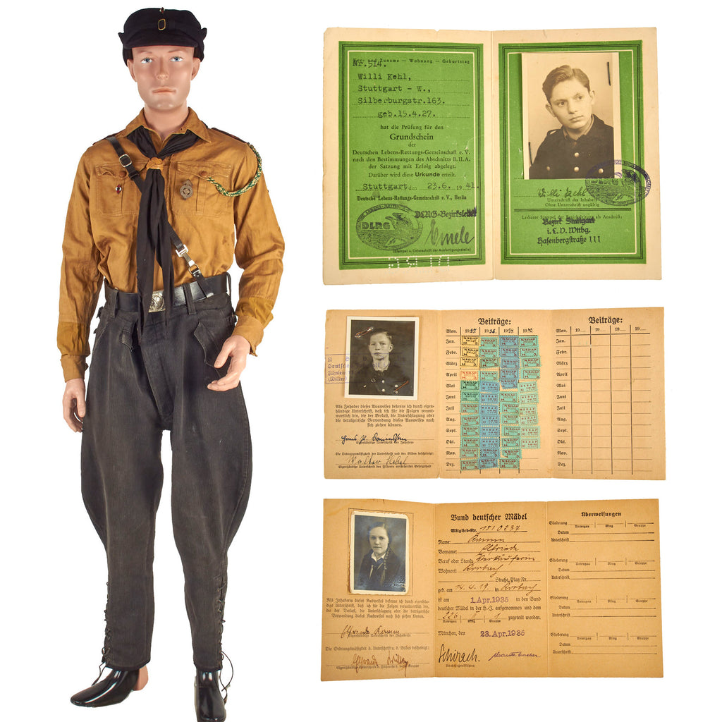 Original German WWII HJ Complete West Köln-Aachen Uniform Set with Tan Shirt, Black Corduroy Breeches, Named Documents & Photos Original Items