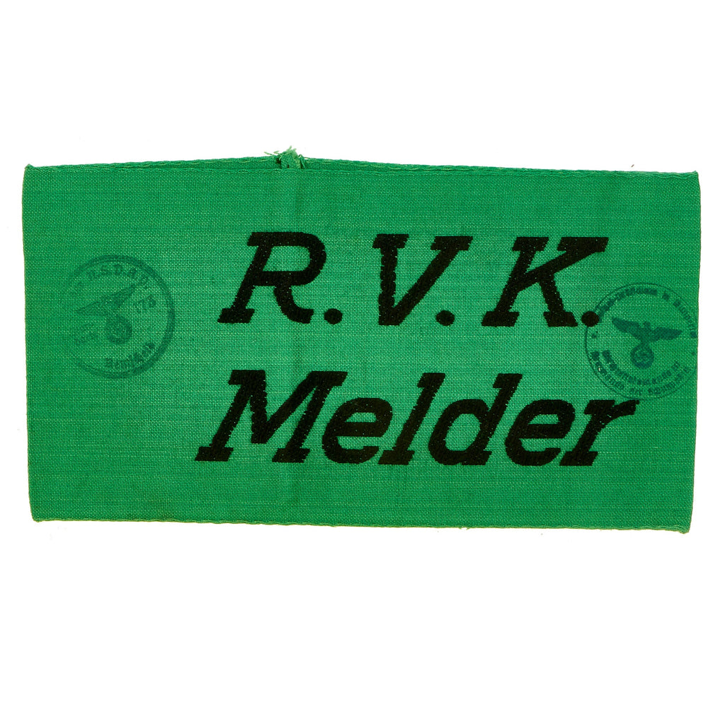 Original German WWII Reichs Defense Commission Messenger Armband with Issue Stamps - R.V.K. Melder Original Items