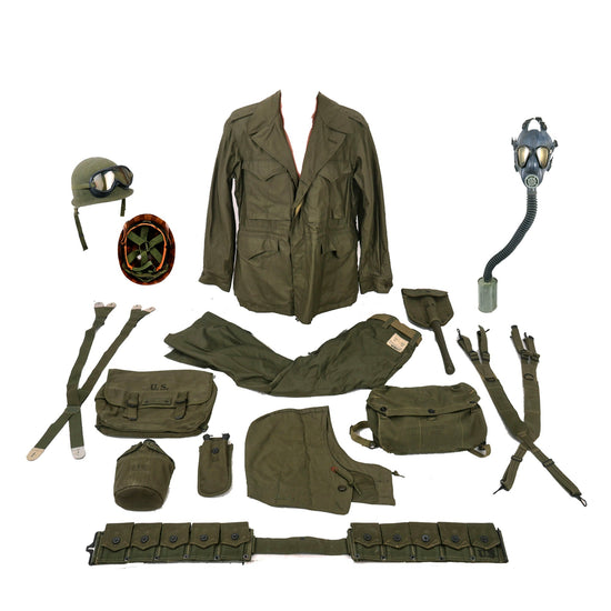 Original U.S. WWII Late War G.I. Gear Lot Featuring Complete M1 Helmet, Field Uniform Set, Gas Mask and More - Unissued to Lightly Worn Items Original Items