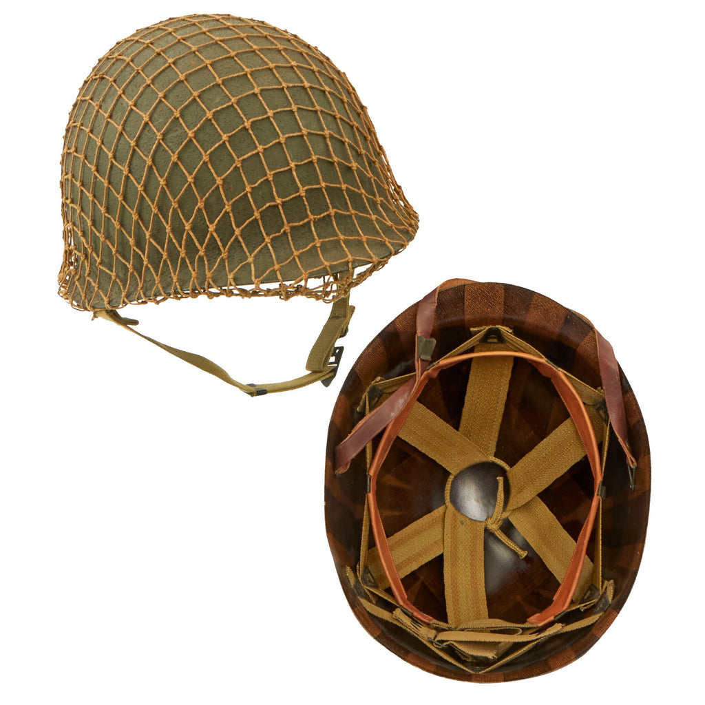Original U.S. WWII Unissued 1943 M1 McCord Front Seam Fixed Bale Helmet with Net and Westinghouse Liner - Complete Original Items