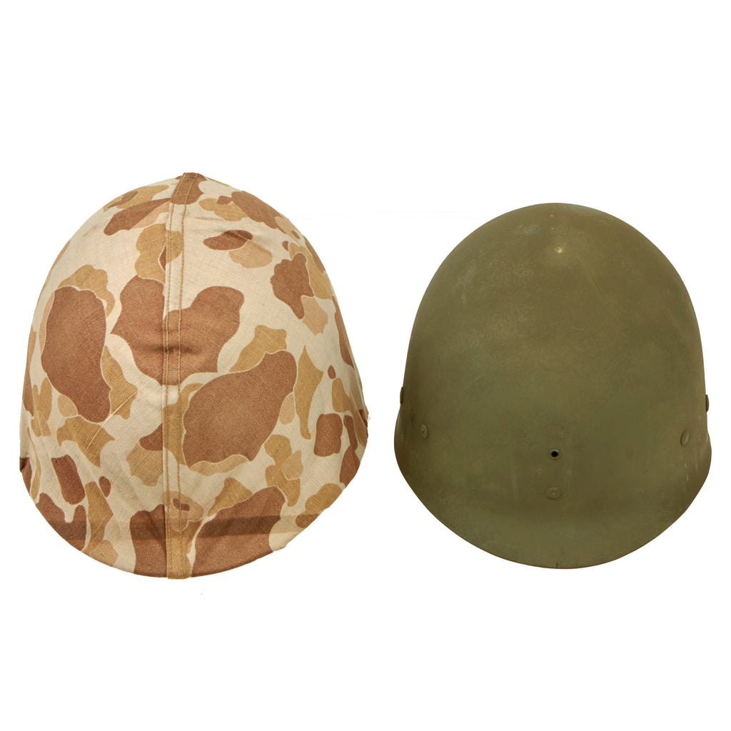 Original U.S. WWII Complete 1942 M1 McCord Front Seam Fixed Bale Helmet with Firestone Liner and Early USMC 1st Issue Helmet Cover - Excellent Condition Original Items