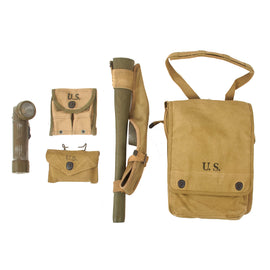 Original U.S. WWII Excellent Field Gear Lot with Map Case Complete with Contents, First Aid Pouch with Carlisle Bandage, and Pick Mattock Set - 5 Items Total