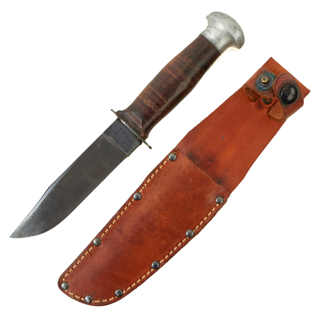 Original U.S. WWII USN Mark 1 Robeson ShurEdge No. 20 Fighting Knife with Alloy Pommel and Leather Scabbard Original Items