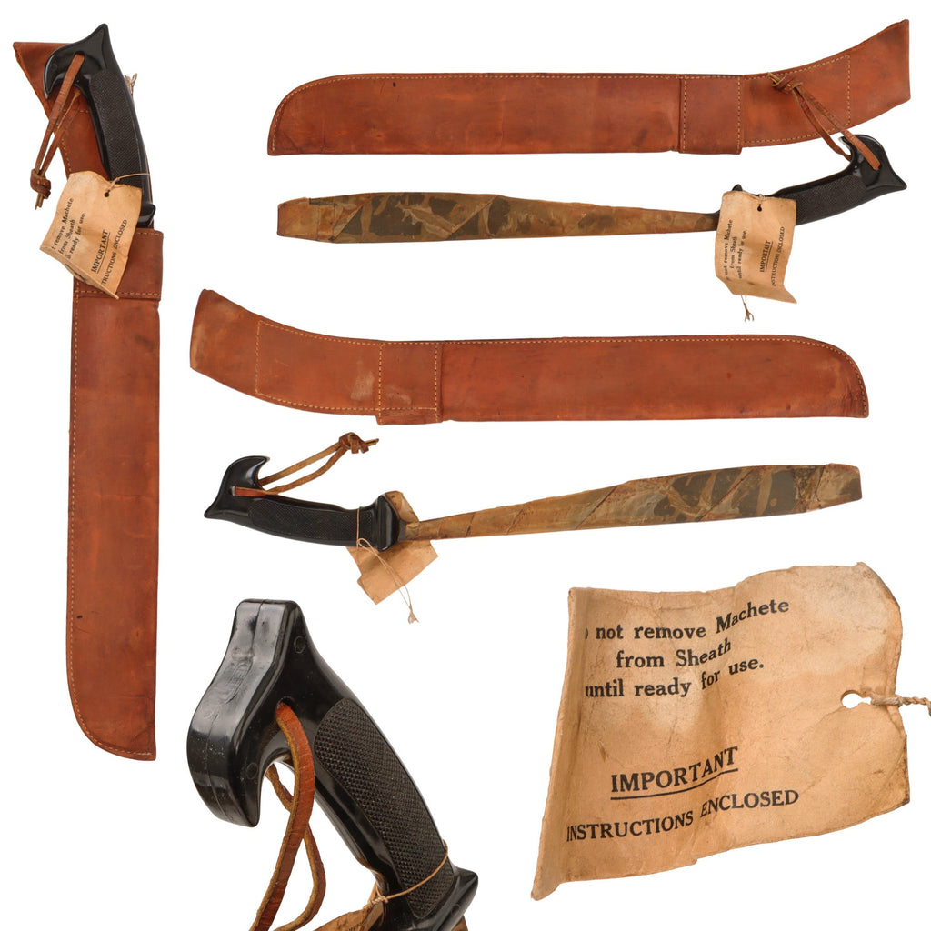 Original WWII U.S. OSS Philippine Guerilla Machete with Original Leather Sheath & Instruction Packet Still Attached - Flat Tip Blade Original Items