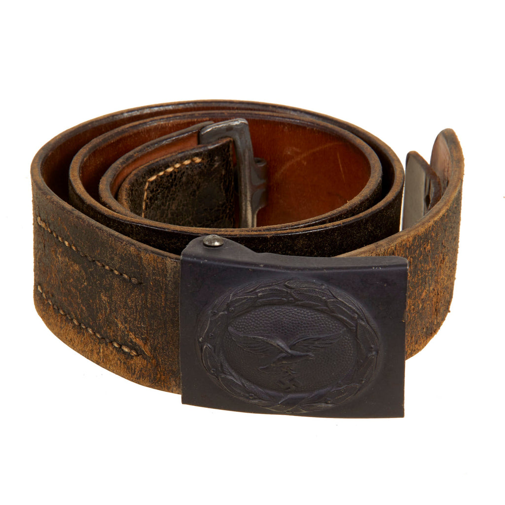 Original German WWII Luftwaffe Named Black Leather Belt with Painted Steel Buckle - RZM Marked Original Items