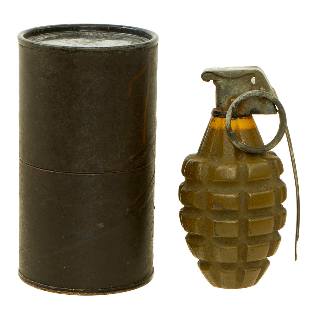 Original U.S. WWII Inert MkII Pineapple Grenade with Yellow Ring, M10A3 Fuze and M41 Cardboard “Husk” Canister Original Items