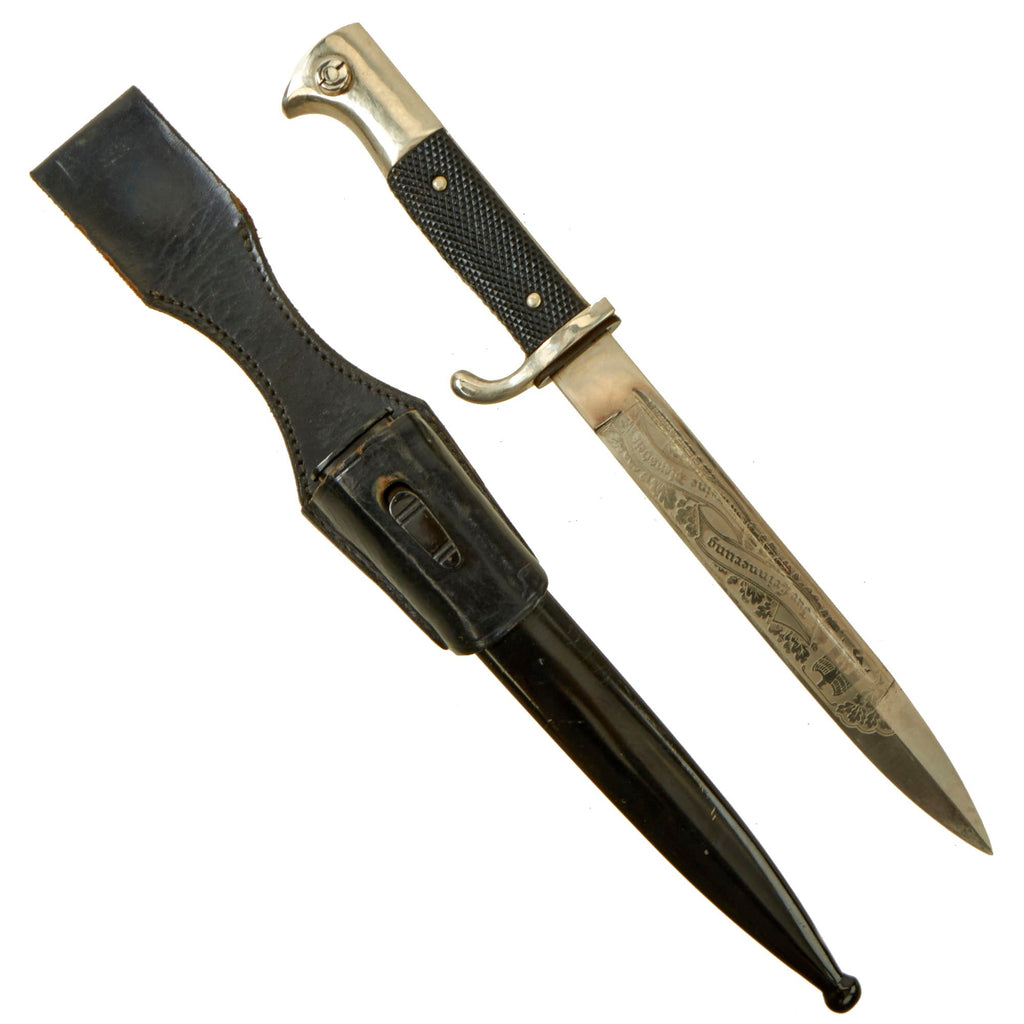 Original German WWII Heer Army Double Etched Short 98k Dress Bayonet with Scabbard & Leather Frog Original Items