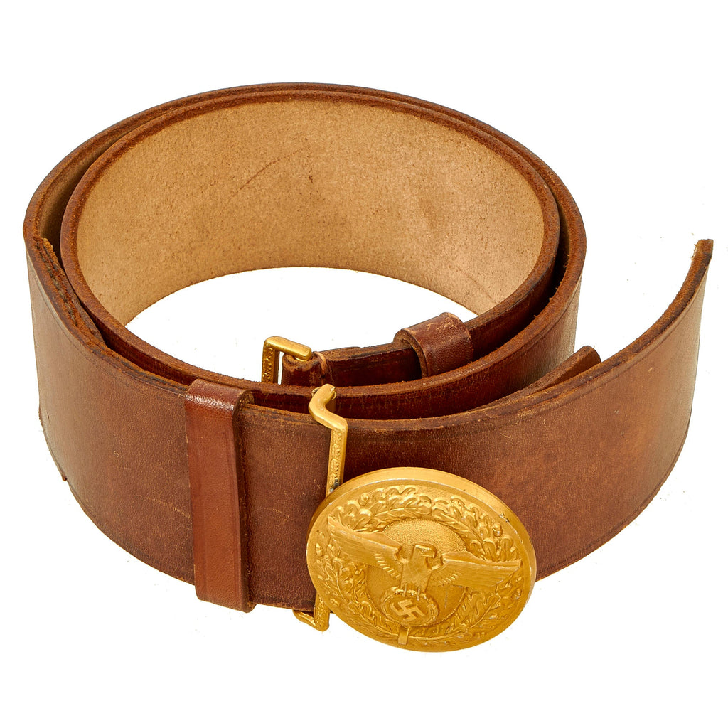 Original German WWII Named USGI Bring Back NSDAP Leader Leather Belt with Belt Buckle by Wilhelm Deumer - RZM M4/72 Original Items