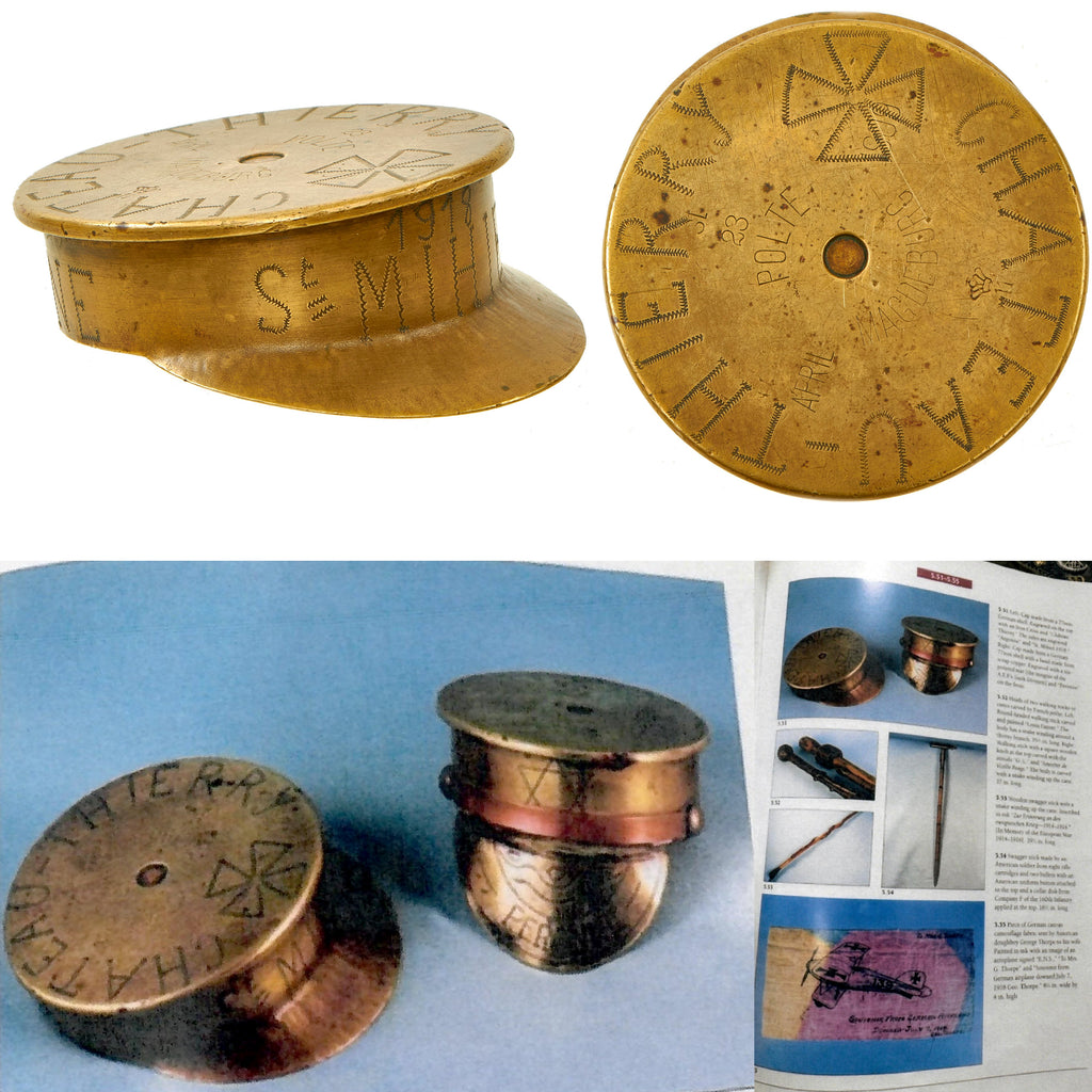 Original German WWI Trench Art Peaked Visor Cap As Featured In The Book “Trench Art, An Illustrated History” by Jane Kimball on Page 173 - “Chateau-Thierry” Engraved Original Items
