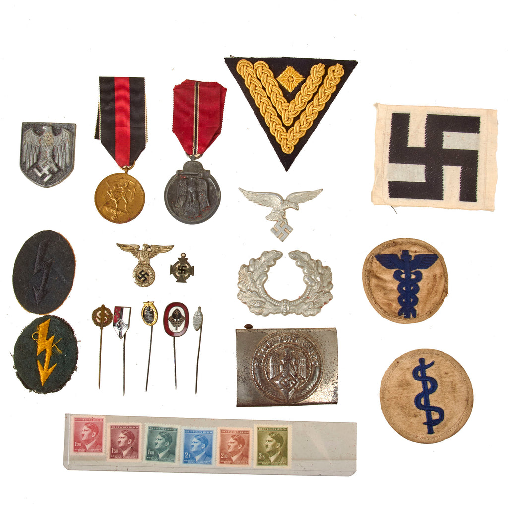 Original German WWII Award, Insignia and Belt Buckle Grouping with Sudetenland Medal, Eastern Medal, and More - 25 Items