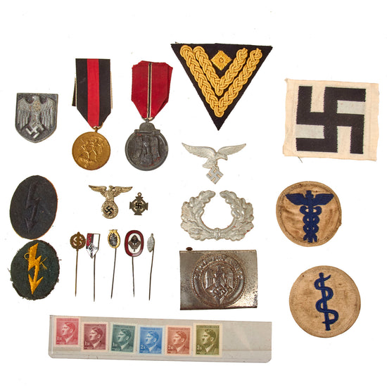 Original German WWII Award, Insignia and Belt Buckle Grouping with Sudetenland Medal, Eastern Medal, and More - 25 Items