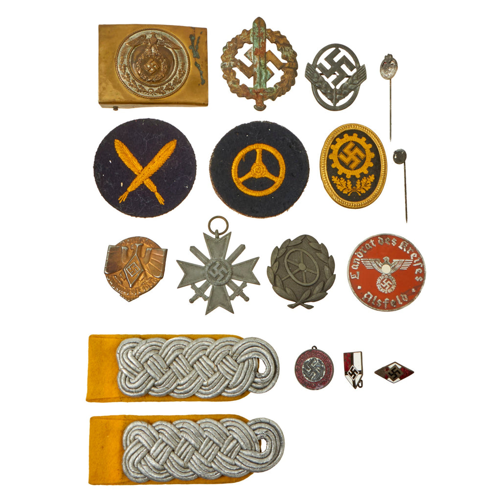Original German WWII Belt Buckle, Award & Tinnie Grouping with KvKII, SA Sports Badge, SA Buckle, and More - 16 Items Original Items