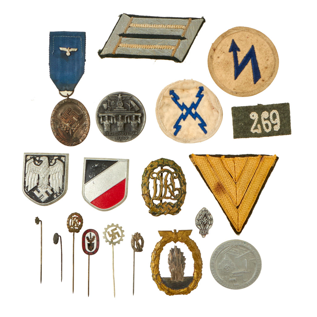 Original German WWII Award, Insignia, Tinnie, and Stickpin Grouping with Minesweeper and DRL Sports Badges - 19 Items Original Items