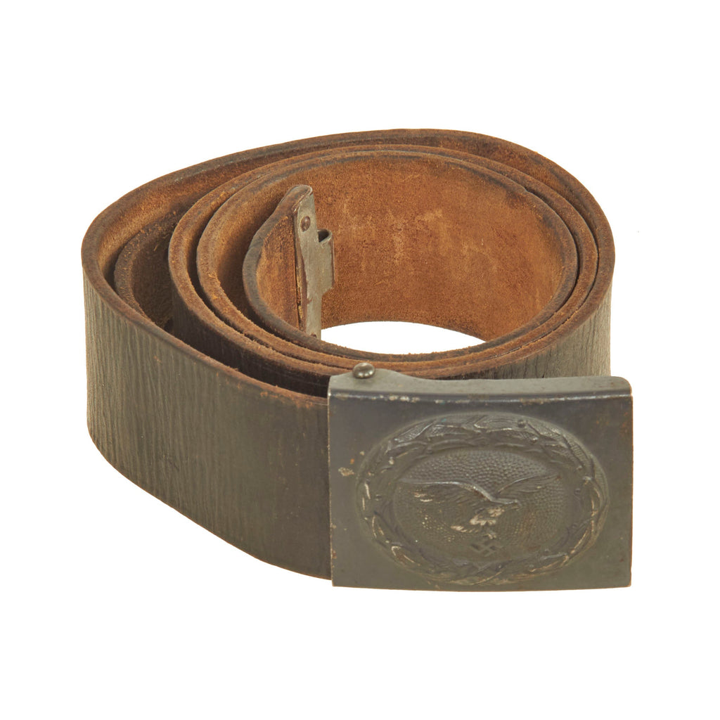 Original German WWII Luftwaffe Black Leather Belt with Painted Steel Buckle Original Items