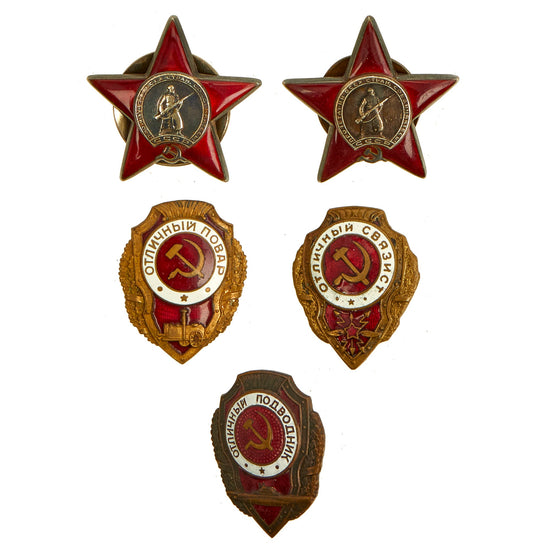 Original Soviet WWII Era Order of the Red Star and Badges for Military Excellence Lot - 5 Items Original Items