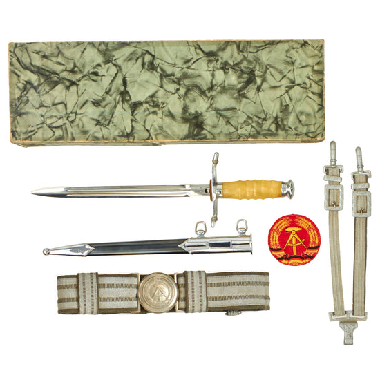 Original East German DDR Cold War Unissued Junior Officer Belt, Buckle, and NVA Honor Dagger With Original Hanger, Box and Patch Original Items