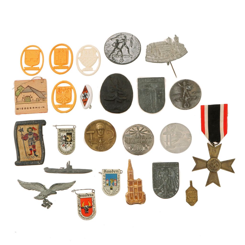 Original German WWII Award, Insignia and Tinnie Grouping with KVKII, Luftwaffe Cap Eagle, and more! - 24 Items Original Items