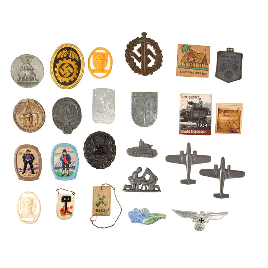 Original German WWI - WWII Award, Insignia, and Tinnie Grouping with Imperial Black Wound Badge, DRL Sports Badge, and More - 24 Items
