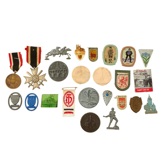 Original German WWII Award and Tinnie Grouping with KvKII with Swords, War Merit Medal, and More - 24 Items Original Items