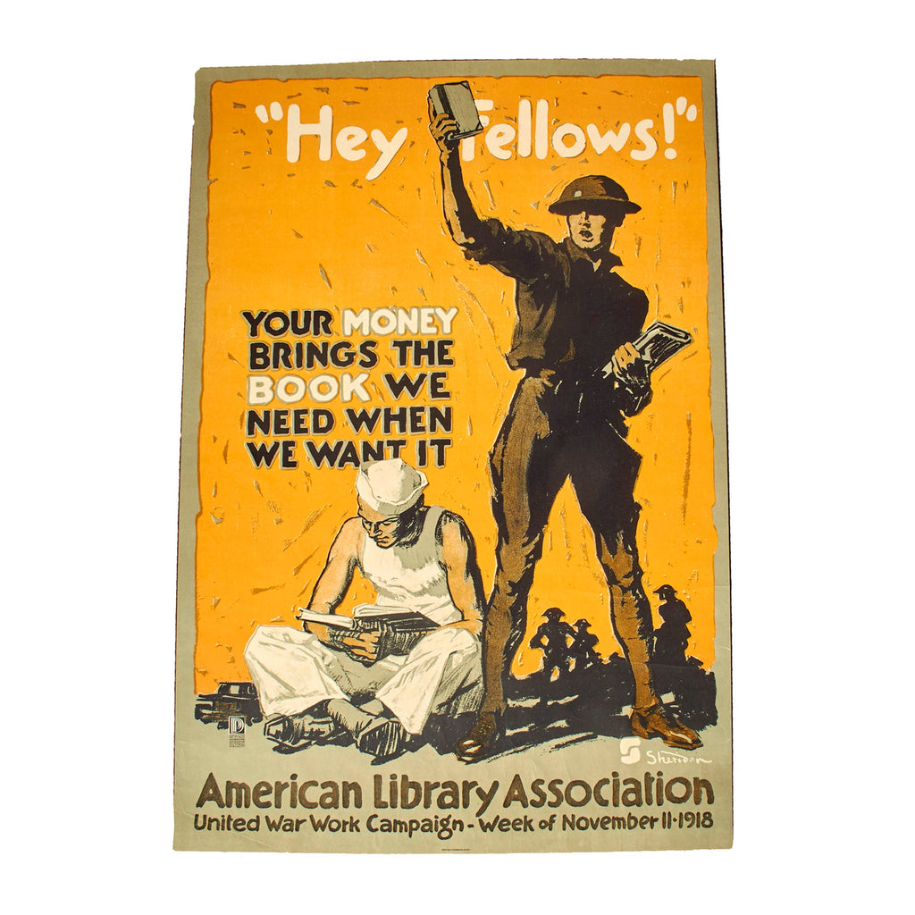 Original U.S. Post WWI United War Work Campaign “Hey Fellows!” American Library Association Fundraising Poster - 20” x 30” Original Items