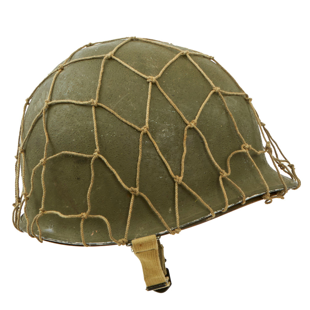 Original U.S. WWII 1944 McCord Front Seam Swivel Bale M1 Helmet with Net and International Molded Plastics Liner Original Items