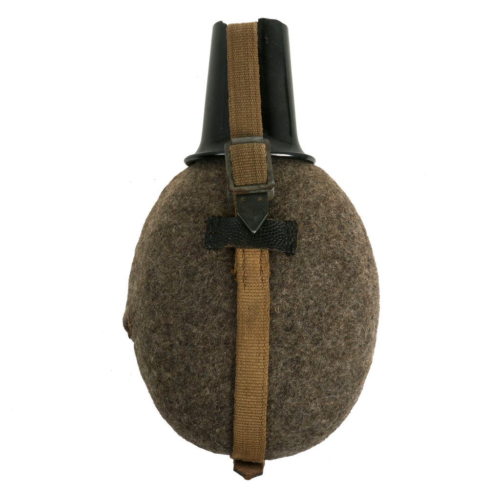 Original German WWII Aluminum M31 Canteen with Canvas Harness & Bakelite Cup by Aluminiumwerk GmbH, Waldorf - dated 1942 Original Items