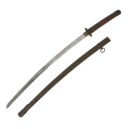 Original Late WWII Japanese Army Type 95 Wood "Pineapple" Handle NCO Katana with Fullered Blade & Scabbard - Matching No. 202941 Original Items