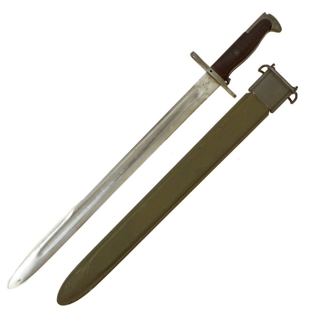 Original U.S. WWI & WWII M1905 Springfield 16" Rifle Bayonet marked R.I.A. with Rare CAB Grips and M3 Scabbard - dated 1909 Original Items