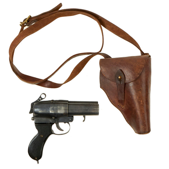 Original Chinese Korean War Era Japanese Type 90 Double Barrel Flare Pistol With Leather Holster and Shoulder Strap - Chinese Made Variant Original Items