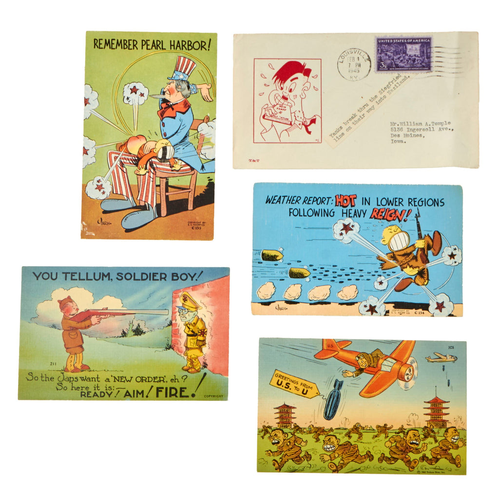 Original WWII Anti-Axis Political Cartoon Illustration Postcards - Set of 4 with 1 Political Cartoon Envelope Original Items