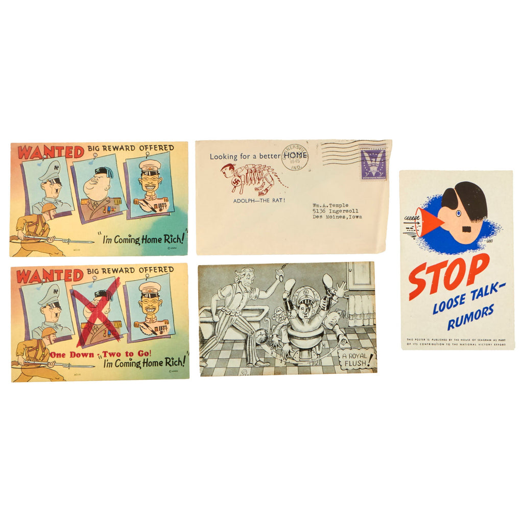 Original WWII Anti-Axis Political Cartoon Illustration Postcards - Set of 4 Postcards & 1 Envelope Original Items