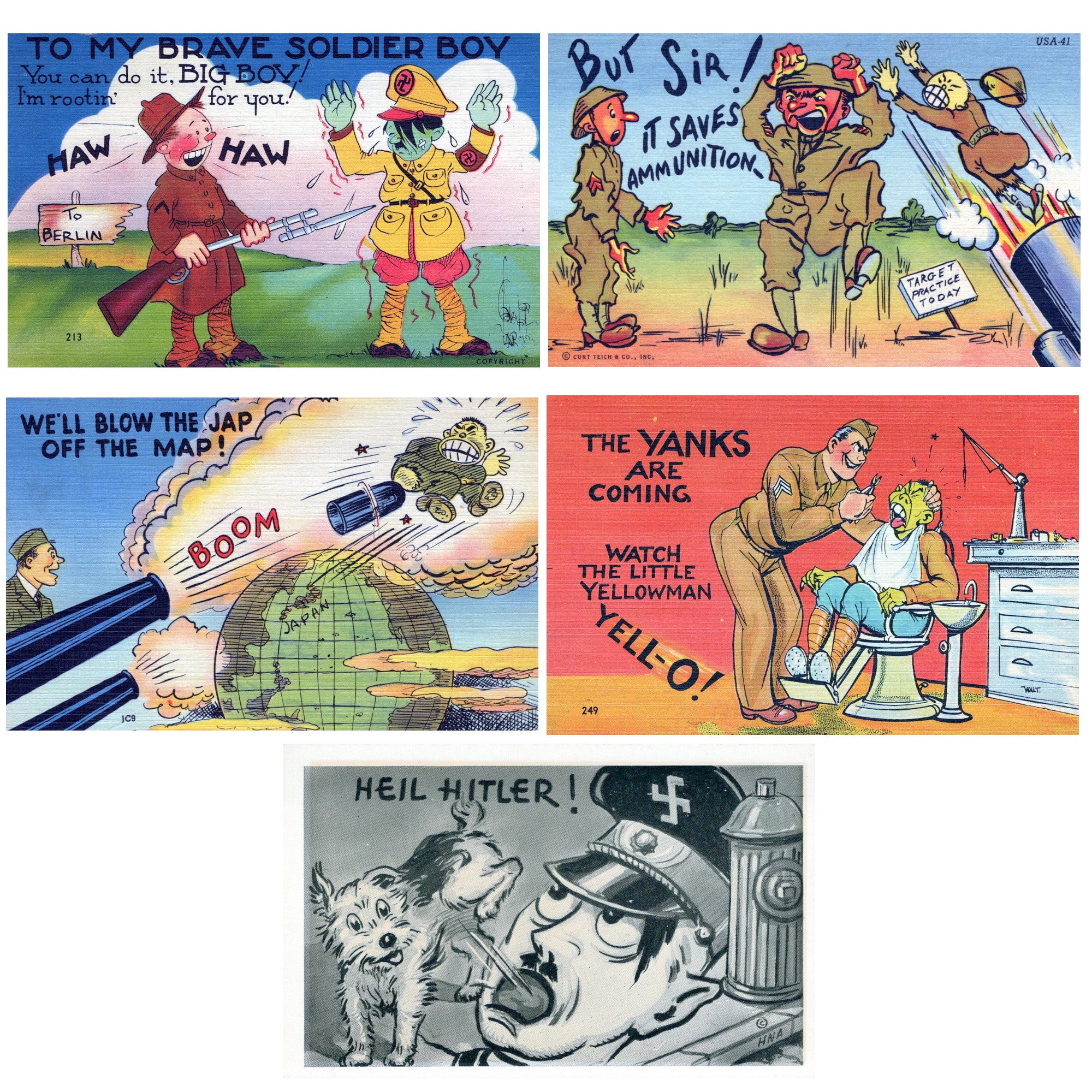 Original WWII Anti-Axis Political Cartoon Illustration Postcards
