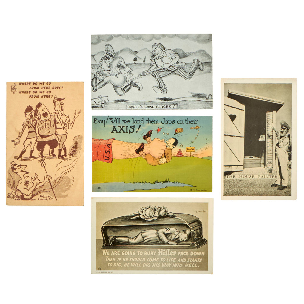 Original WWII Anti-Axis Political Cartoon Illustration Postcards - Set of 5 Original Items