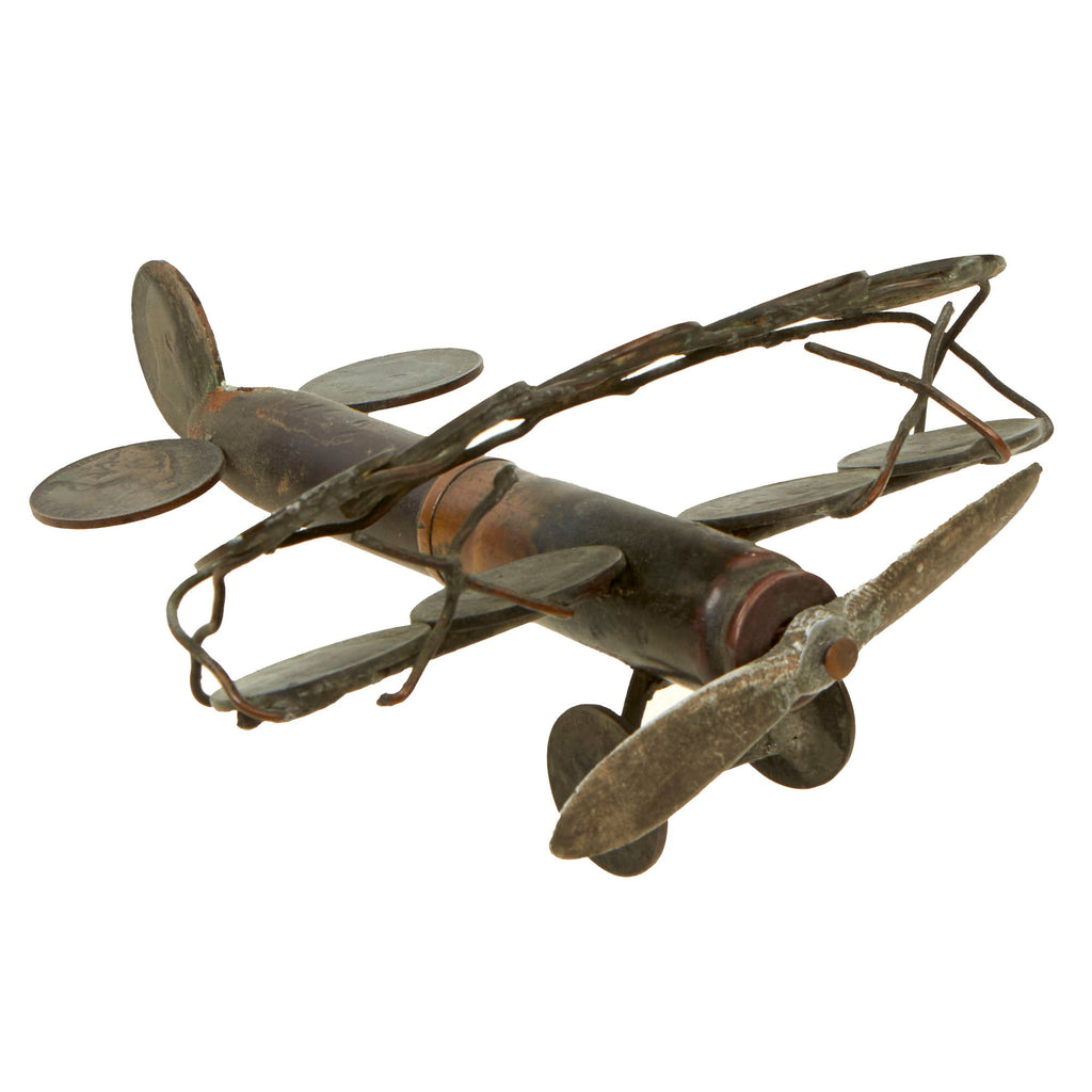 Original British WWI Trench Art Biplane Constructed From Coins and Inert Large Caliber Round As Featured In The Book “Trench Art, An Illustrated History” by Jane Kimball on Page 171 Original Items