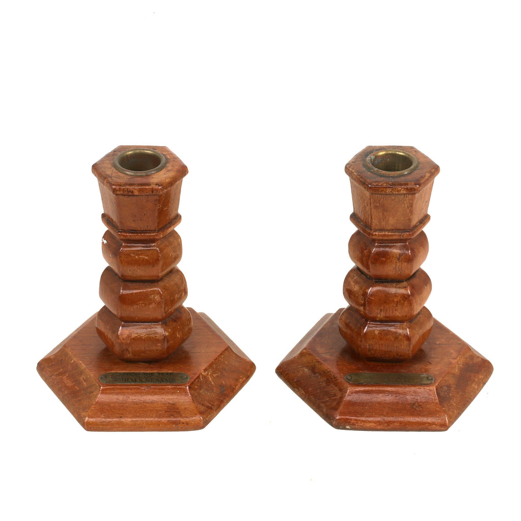 Original British WWI Pair of Candlesticks Made from Teak of HMS Sesame Original Items