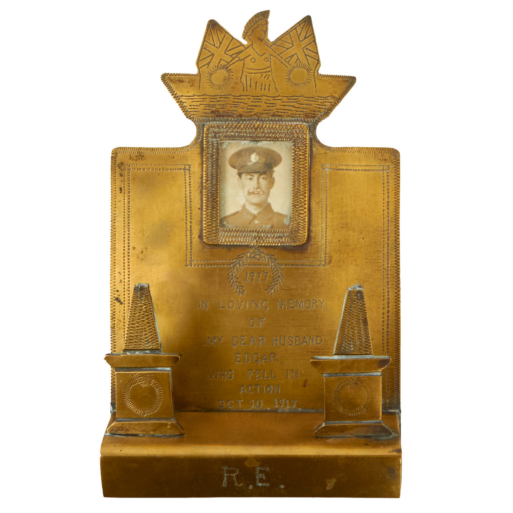 Original British WWI “Trench Art” K.I.A. Memorial Picture Frame Made From Scrap Brass As Featured In The Book “Trench Art, An Illustrated History” by Jane Kimball on Page 309 - Edgar Cook, Royal Engineers Original Items