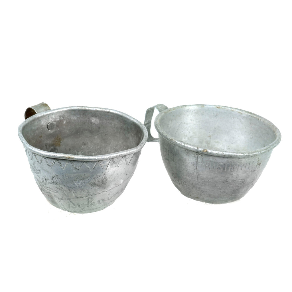 Original French WWI Prisoner of War Engraved Trench Art Drinking Cups - Münster POW Camp Original Items