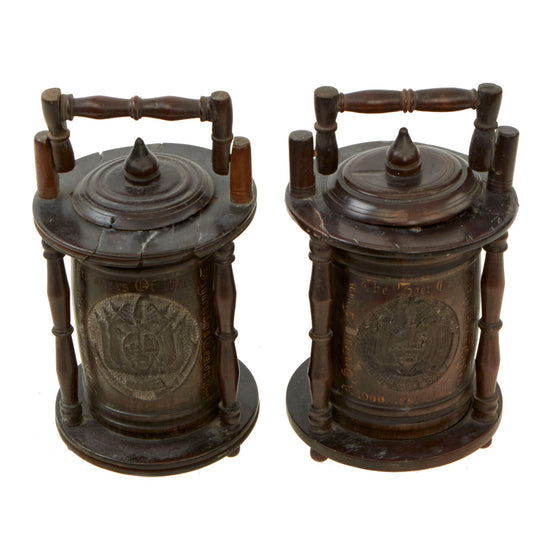 Original Prisoner of War Boer Wars Carved “Trench Art” Wooden Tobacco Humidor Barrels Carved by Boer Prisoner, Diyatalawa Ceylon Camp, As Featured In The Book “Trench Art, An Illustrated History” by Jane Kimball on Page 21 - 2 Items Original Items