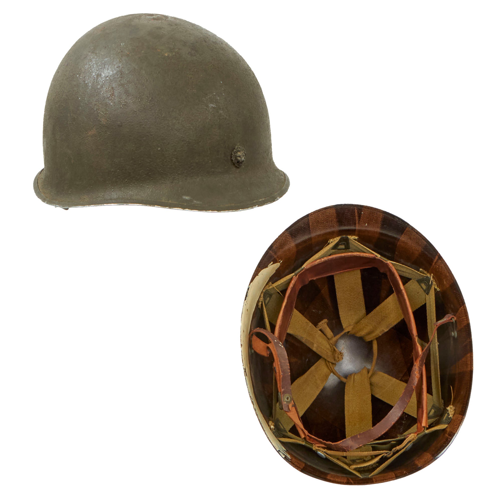 Original U.S. WWII 1942 M1 McCord Fixed Bale Helmet with Belgian Lion – International Military Antiques Original U.S. WWII 1942 M1 McCord Fixed Bale Helmet with Belgian Lion – International Military Antiques