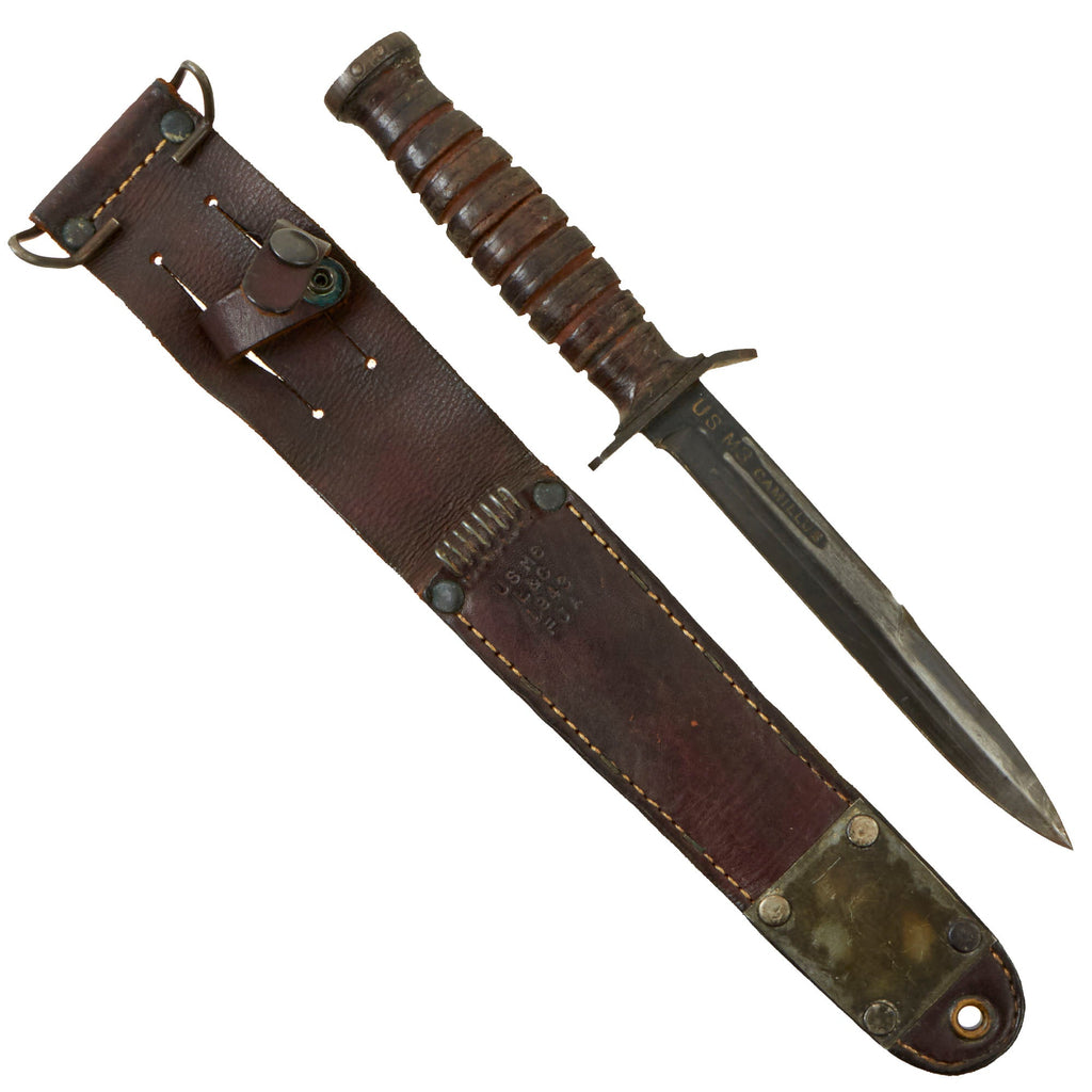 Original U.S. WWII Blade Marked M3 Fighting Knife by Camillus with 1943 Dated M6 Scabbard by L&C Original Items
