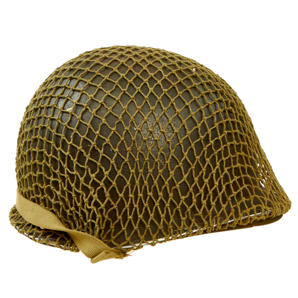 Original U.S. WWII Early War Netted M1 McCord Front Seam Fixed Bale Helmet with Seaman Paper Co Liner Original Items
