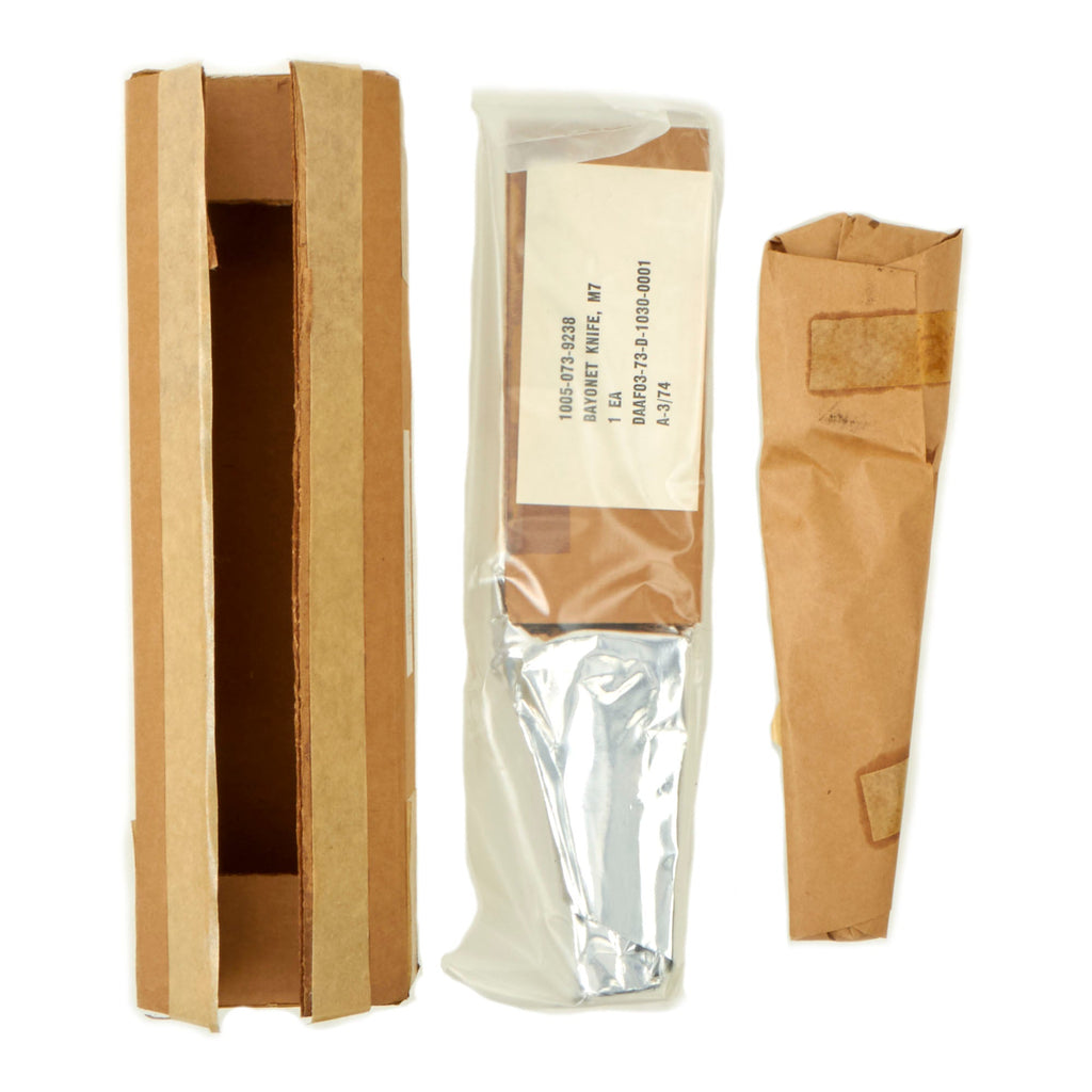 Original U.S. Post Vietnam War Era Unissued M7 Bayonet for M16 Rifle with M8A1 Scabbard in Original Sealed Packaging - Dated 1977 Original Items