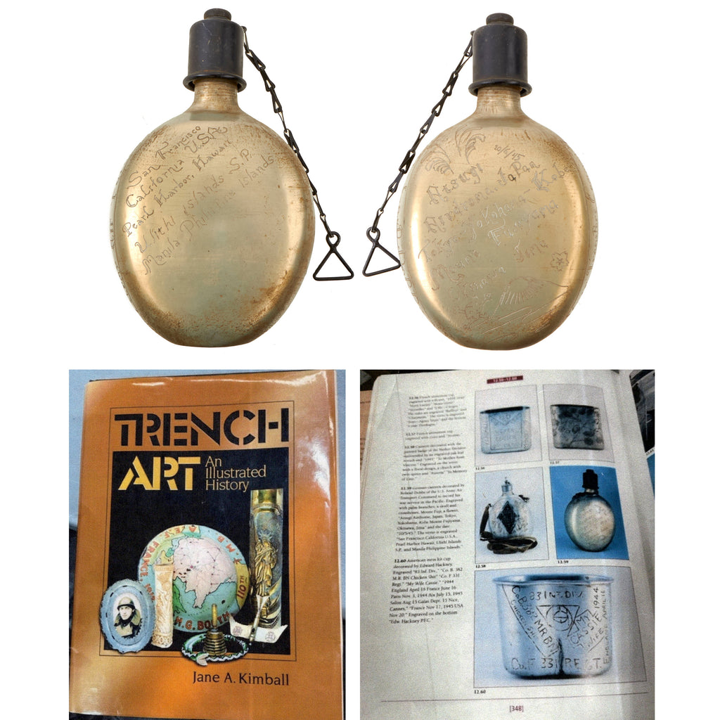 Original U.S. WWII Trench Art Captured Japanese Canteen Personalized by Roland Dobbs, Air Transport Command, As Featured In The Book “Trench Art, An Illustrated History” by Jane Kimball on Page 348 Original Items